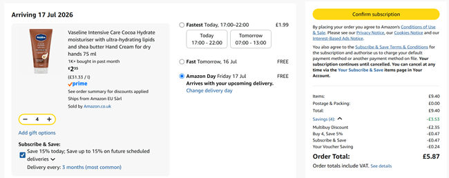 Screenshot showing Vaseline Intensive Care Cocoa Hydrate Hand Cream 75 ml 4 for £5.87 at Amazon