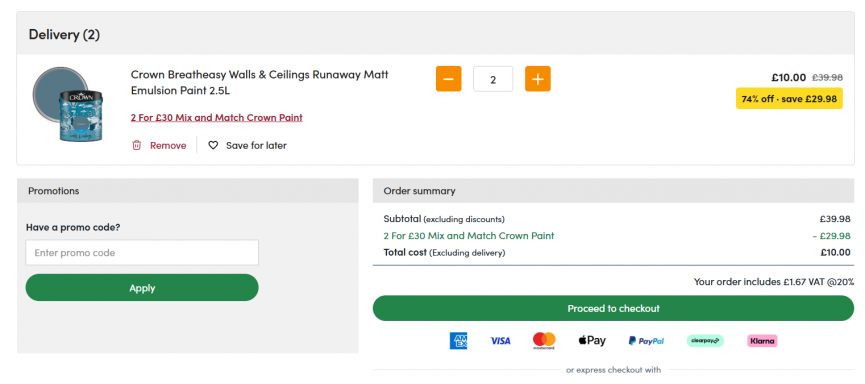 Selected Crown Paint 2.5L, 2 for £10 @ wilko
