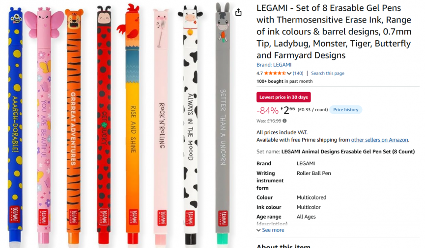 LEGAMI 8 Erasable Gel Pens £2.66 @ Amazon/Rarewaves