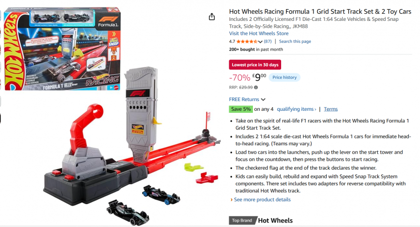 Hot Wheels Racing Formula 1 Grid Start Track Set & 2 Toy Cars £9 @ Amazon