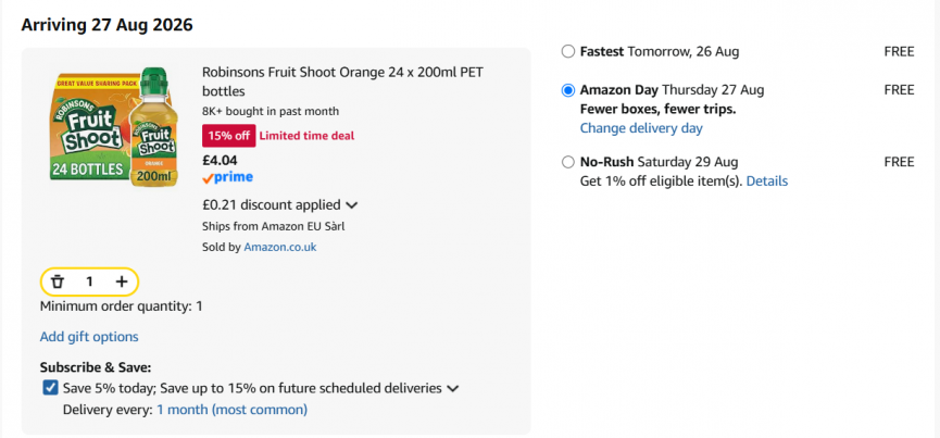 Robinsons Fruit Shoot Orange 24 x 200ml £4.04 @ Amazon