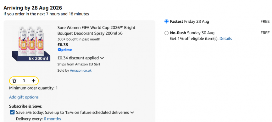 Sure Women FIFA World Cup 2026™ Bright Bouquet Deodorant Spray 200ml x6 £6.38 @ Amazon