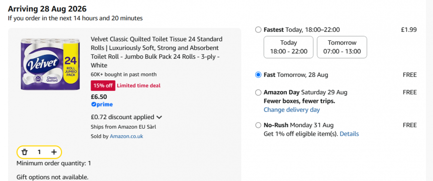Velvet Classic Quilted Toilet Tissue 24 Rolls £6.50 @ Amazon