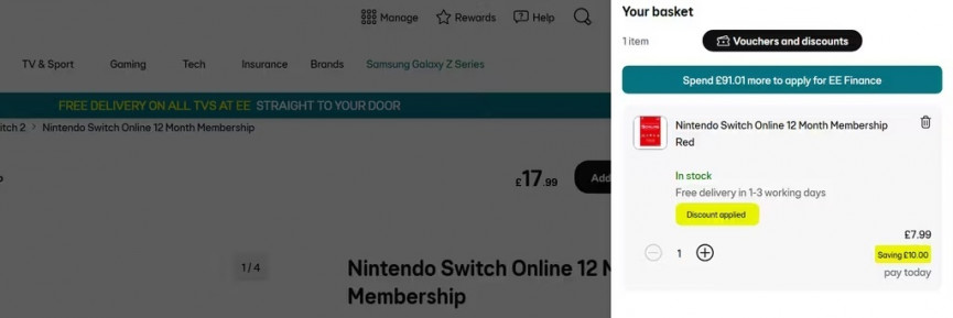 Nintendo Switch Online 12-Month Membership £7.99 @ EE