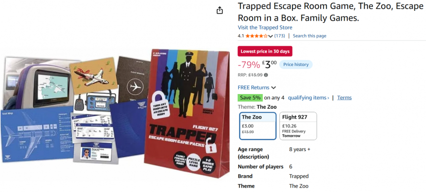 Trapped Escape Room Game, The Zoo £3 @ Amazon/Argos