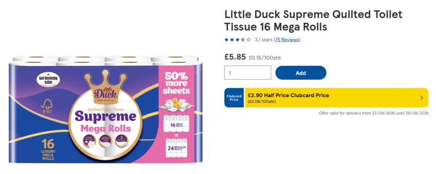 Little Duck Supreme Quilted Toilet Tissue 16 Mega Rolls £2.90 @ Tesco