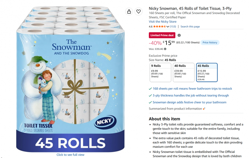 Nicky Snowman, 45 Rolls of Toilet Tissue, 3-Ply £15.99 @ Amazon