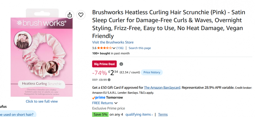 Brushworks Heatless Curling Hair Scrunchie £2.34 @ Amazon