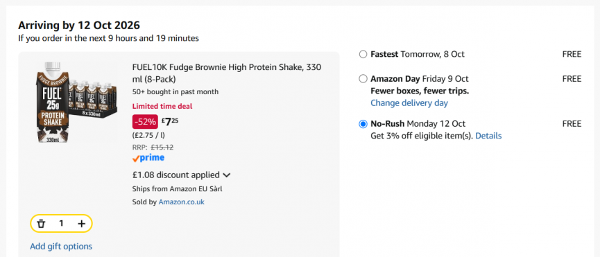 FUEL10K Fudge Brownie High Protein Shake, 330 ml (8-Pack) £7.50 @ Amazon