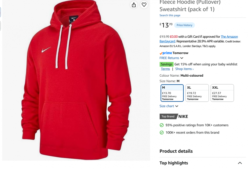 NIKE Park 26 Fleece Hoodie from £13.70 @ Amazon