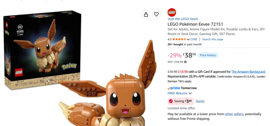 LEGO Pokémon Eevee Figure £35.09 (RRP £54.99) @ Amazon
