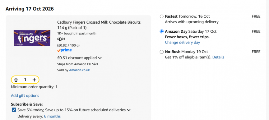 Cadbury Fingers Milk Chocolate Biscuits 114g 94p (S&S) @ Amazon
