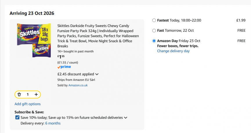Skittles Darkside Funsize Party Pack 324g £1.55 (S&S) @ Amazon