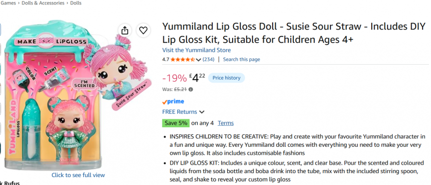 Yummiland Lip Gloss Doll Susie Sour Straw £4.22 @ Amazon