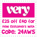 Get £25 off £40 on your first Very.co.uk order with coupon code 24AWS
